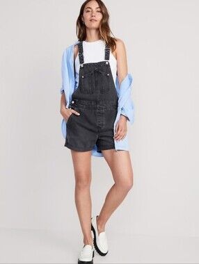 Old Navy Black Denim Short Overalls Romper